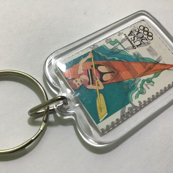 Kayak Keychain - Upcycled Recycled Postage Stamp Key Chain - Picture 3 of 9